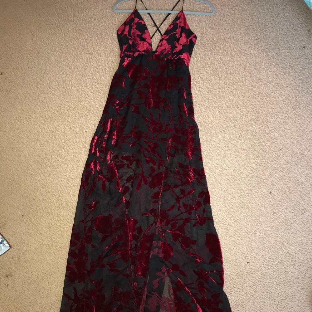 Red and black velvet maxi dress